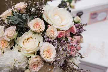 Flower arrangement on the table. Wedding floristry.