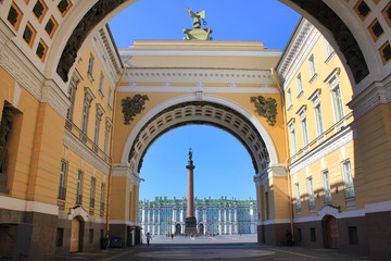 Alexander Column on Palace Square view through General Staff Building Arch in Saint Petersburg,...
