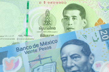 A green, twenty Thai baht along with a twenty peso note from Mexico, close up in macro
