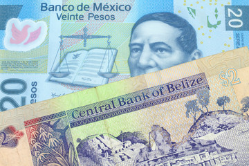 A colorful two dollar bill from Belize in close up macro with a colorful twenty peso, Mexican bank note