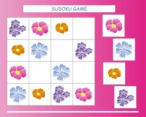 Sudoku for kids. Kids activity sheet. Training logic, educational game. Sudoku game with cute flowers.	