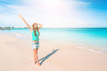 Fototapeta na wymiar Young beautiful woman having fun on tropical seashore. Happy girl background the blue sky and turquoise water in the sea on caribbean island