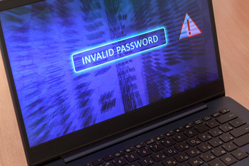 Computer screen concept with password entry error. Invalid password on blue background. Red warning...