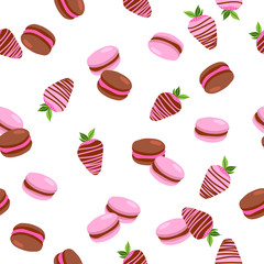 Vector seamless pattern of strawberries in chocolate and macarons with different tastes.  Sweets illustration. Dessert background. Cartoon style.