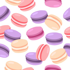Vector seamless pattern of macarons with different tastes. Sweets background. Cartoon style.