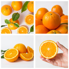 Raw oranges isolated on white background. Hand holding half of orange. Many fruits laying together. Citrus fruit and healthy food concept. Collage with four images