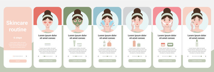 Skincare steps. UI UX mobile app design, onboarding app screen.  Daily skincare routine. Face skin care Step by step set. Minimalistic vector illustration.Different facial proceduresWebsite template - obrazy, fototapety, plakaty