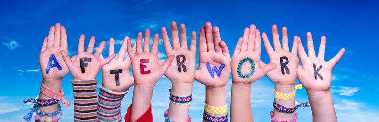 Children Hands Building Colorful Word Afterwork. Blue Sky As Background