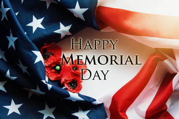 happy Memorial Day Remember and Honor text background - National holiday, American flag and a poppy...