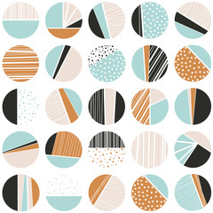 Circle, polka dot, stripe seamless pattern. Mixed texture irregular chaotic shapes print. Abstract vector ornament