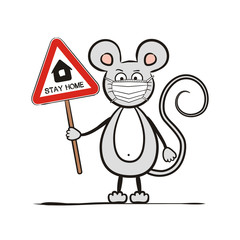 Hand-drawn mouse in a protective mask with a sign 