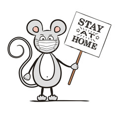 Hand-drawn mouse in a protective mask with a sign 