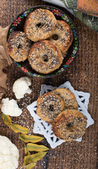 Healthy cauliflower rice bagels snack gluten free vegan low carb. Healthy eating concept. Gluten, lactose, sugar free recipe