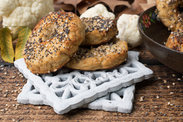 Healthy cauliflower rice bagels snack gluten free vegan low carb. Healthy eating concept. Gluten,...