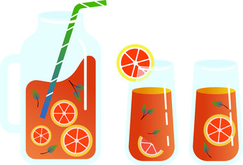 Jug, glass of lemonade and lemon fruits on white background. Flat style, vector illustration.