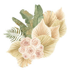 Watercolor hand-drawn boho bouquet in neutral colors with dried palm leaves and flowers. 