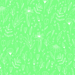 Handdrawn doodle flowers and leaves vector seamless pattern. Spring summer print for fabric and paper. Stem petals branches herb in sketchy style.

