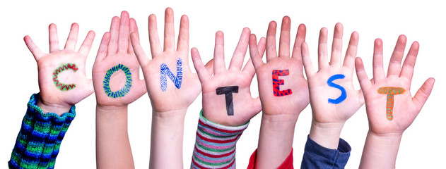 Children Hands Building Colorful Word Contest. White Isolated Background