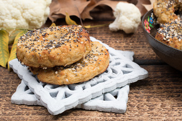 Healthy cauliflower rice bagels snack gluten free vegan low carb. Healthy eating concept. Gluten, lactose, sugar free recipe