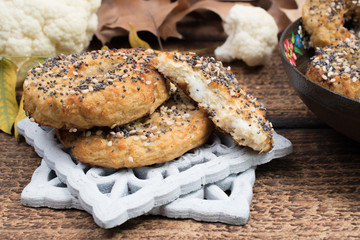 Healthy cauliflower rice bagels snack gluten free vegan low carb. Healthy eating concept. Gluten, lactose, sugar free recipe