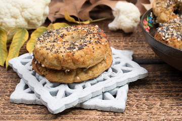 Healthy cauliflower rice bagels snack gluten free vegan low carb. Healthy eating concept. Gluten, lactose, sugar free recipe