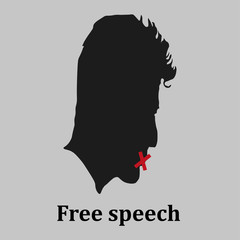 Free speech. Head of a man with crossed lips.  