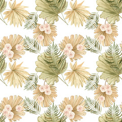 Seamless pattern with watercolor hand drawn palm leaves