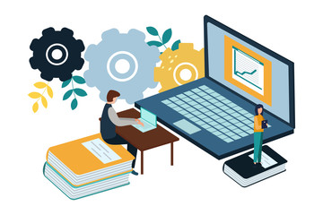 Vector illustration, online assistant at work. Search for new solutions ideas, teamwork in the company, brainstorming.