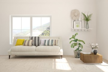 White living room with sofa. Scandinavian interior design. 3D illustration