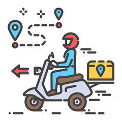 Courier delivery color line icon. Man rides motorcycle. Express shipping. Sign for web page, app. UI UX GUI design element. Editable stroke.