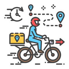 Courier delivery color line icon. Man rides bicycle. Express shipping. Sign for web page, app. UI UX GUI design element. Editable stroke.