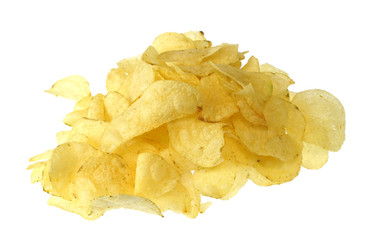 close up on fried potato chips isolated on white background