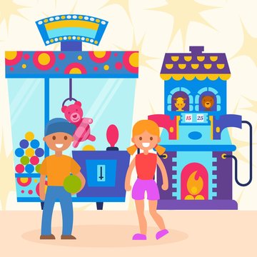 Joyful children game with children s automatic gadgets, arcade play with win winner, design, cartoon style vector illustration. Cheerful boy received prize, happy lucky girl won pink teddy bear fair.
