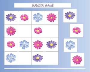 Sudoku for kids. Kids activity sheet. Training logic, educational game. Sudoku game with cute flowers.	