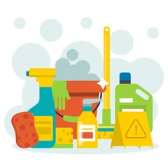 Clean stains liquid for cleaning, washing things, household, order and sanitation in home design, cartoon vector illustration. Different bottles and sprays, necessary items and protective equipment