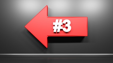 Obraz premium Red arrow to the left, with number 3, on black glossy wall - 3D rendering illustration