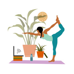 Female cartoon character practicing Hatha yoga. Woman doing workout indoor. Sport exercise at home. Yoga and fitness, healthy lifestyle. Flat vector illustration. Yogi woman in Utthita Ardha Dhanurasa