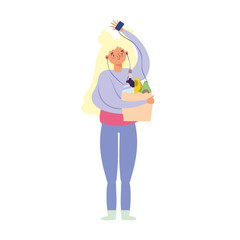 young woman carrying paper bag grocery with food isolated design