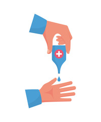 Man uses an antiseptic on hands. Concept disinfectant. Vector design. Antibacterial spray preventive coronavirus Covid-19. Protection against bacteria. Personal hygiene. Washing with alcohol.