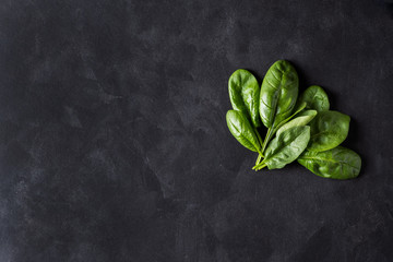 Fresh spinach leaves on a black background Flat lay with copy space.