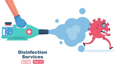 Disinfection services concept. Prevention controlling epidemic of coronavirus covid-2019. Worker in chemical protection disinfects. Vector illustration flat design. Cleaner in hand. Runaway virus.