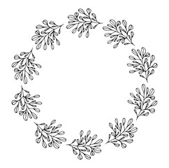 Fototapeta premium Isolated branches on a white background. A wreath for the holidays, Mother's Day, thanksgiving, Easter, birthday. Doodle style. Vector isolated illustration with a wreath of their branches and leaves.