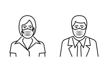 Black line icon woman and man medical mask on face. Coronavirus Prevention covid-19. Vector illustration flat design. Close up portrait in protective respiratory mask. Isolated on white background.