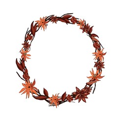 A wreath of dried leaves, flowers, coffee beans and cinnamon. Vector isolated illustration with a festive wreath with coffee beans. Brown wreath of dry leaves and branches on a white background. 