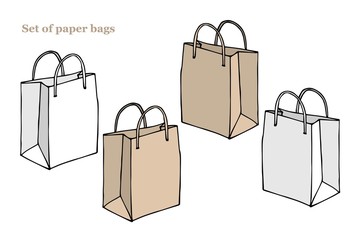 Set of Empty Shopping Bags with handles Isolated on White. Vector isolated paper handbag set for shopping. Line sketch style. Home delivery food. Paper package collection. Online order