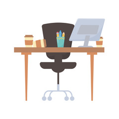 office desk chair coffee cup and pencils isolated design