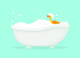 Bath with foam and toy duck, bubble water foam. Bath time vector illustration with soap foam and yellow  duck