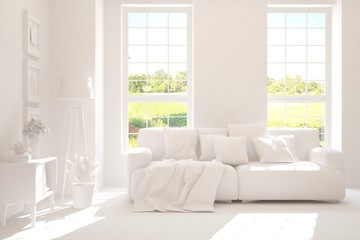 White minimalist living room with sofa. Scandinavian interior design. 3D illustration