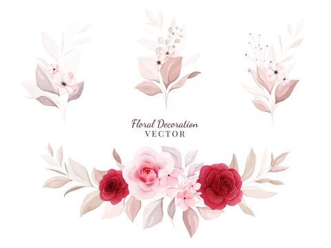 Floral decoration vector set. Botanic arrangements illustration of red and peach roses with leaves, branch. Botanic elements for wedding, greeting card, or logo design vector