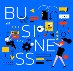 Vector creative illustration of man and woman with word business and abstract element on color background. Teamwork communication in business process.